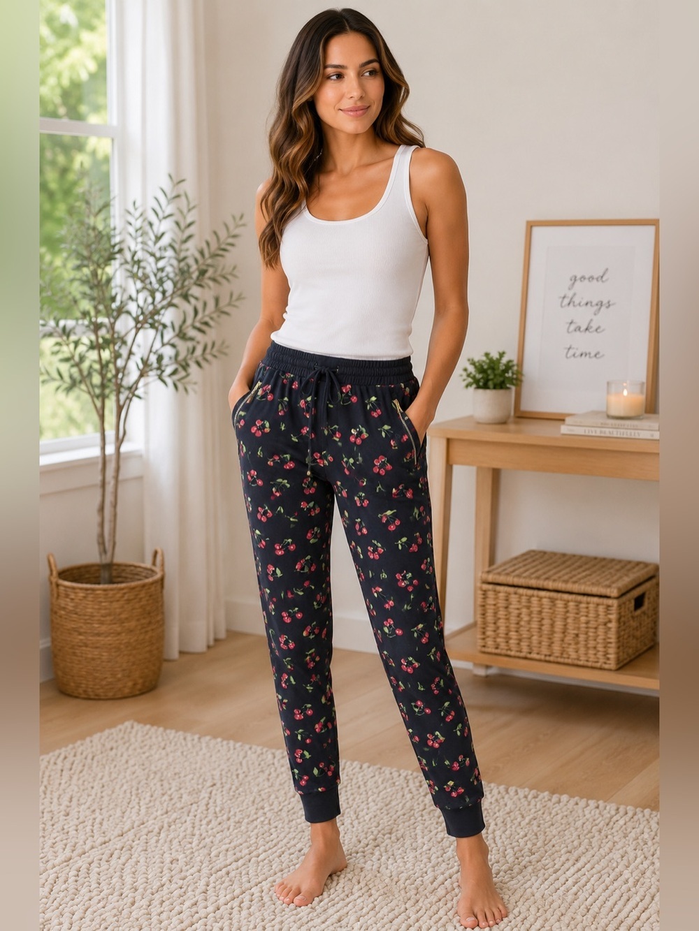 INDERO Women’s Cherry Print Jogger Pants – Size L/XL